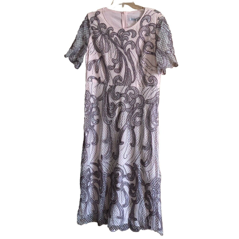 Kunling Sequin Lined Short Sleeve Rose Mauve Dress Size 16 NWT